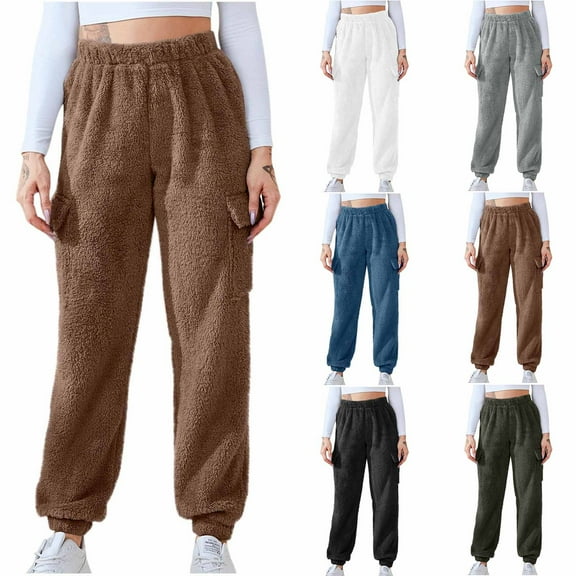 Brondbend Pajamas Pants for Women Fuzzy Pants for Women Casual Solid Color High Waist Warm Fleece Blanket Sleepwear Trousers with Pocket Wide Leg Fall Winter Comfy Home Lounge