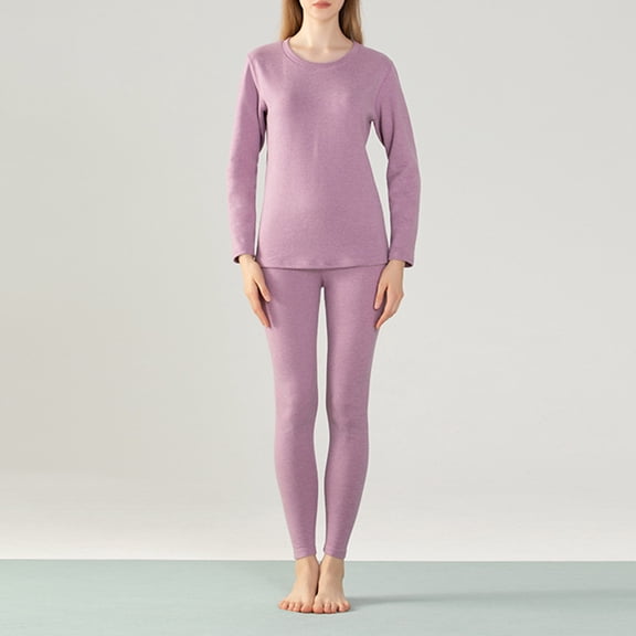 Brondbend Pajamas Set for Women , 2 Piece Sleepwear Outfits Crewneck Solid Color Long Sleeve Fleece Shirt with Long Pants Slim Fit for Fall Winter Warm Comfort Daily Home Wear,Purple