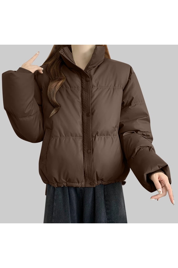 Puffer Coats for Women Winter Jacket Women High Neck Long Sleeved Full Zipper Solid Jacket with Pocket Thick Loose Warm Outerwear Comfortable Party Work Clothes,Coffee