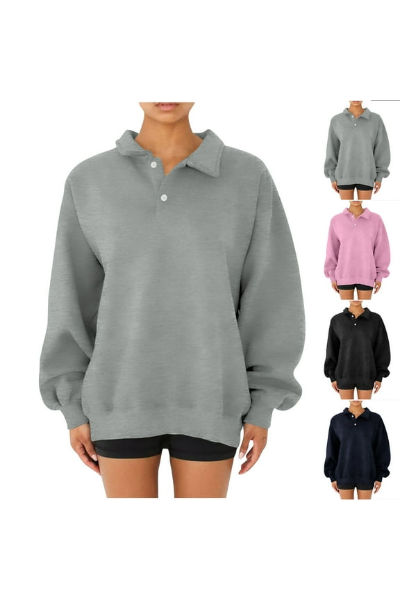 Pullover Sweatshirt for Women Lapel Long Sleeved Button down Solid Color Casual Top Oversized Fall Winter Fashion Party Comfortable Clothes Versatile（Black)