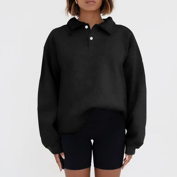 Brondbend Pullover Sweatshirt for Women Lapel Long Sleeved Button down Solid Color Casual Top Oversized Fall Winter Fashion Party Comfortable Clothes Versatile（Black)