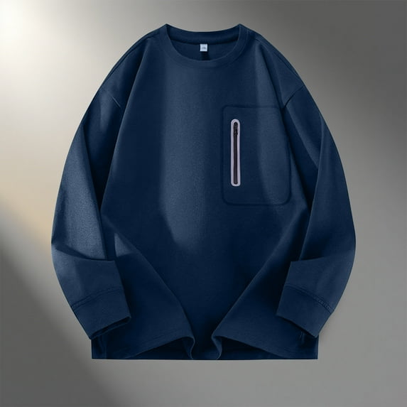Brondbend Pullovers for Men Sweatshirts for Men Crew Neck Long Sleeved Zipper Pocket Tops Solid Color Fashion Plus Size Blouse Holiday Running Fall Winter Wear Navy