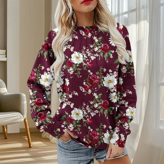 Brondbend Pullovers for Women Crewneck Sweatshirts Women Long Sleeved Floral Printe Pleated Casual Top Loose Fit Fall Winter Going out Party Comfortable T-Shirt,Wine