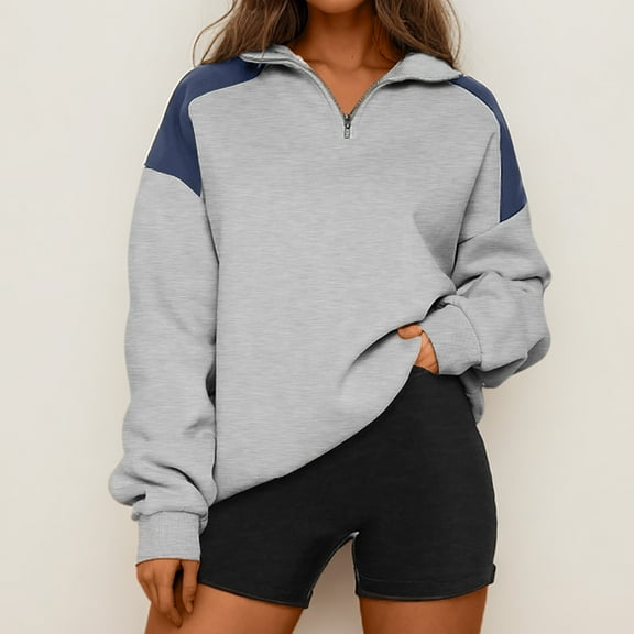 Brondbend Quarter Zip Pullover Women Sweatshirt Womens Lapel Long Sleeved Print Workout Top Oversized Fall Winter Fashion Party or Going out Top Comfortable,Blue