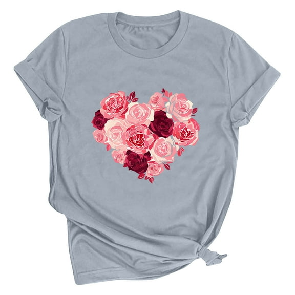 Brondbend Shirt Woman Valentine's Day Womens Top Crewneck Short Sleeve Print Blouse Casual Loose Fit Lady Tops Vacation Spring Summer Clothes Gray