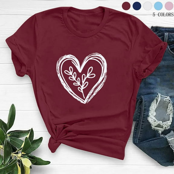 Brondbend Shirt for Women Valentine's Day Tops for Women Crewneck Short Sleeved Print Blouse Comfy Stylish Loose Fit Ladies Tops Going out Spring Summer Clothes Blue