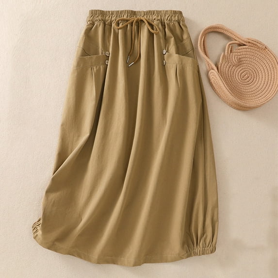Brondbend Skirts for Women Trendy Summer Midi Skirt Solid Color Tie Button Pocket Mid-Calf Skirt Leisure Dress Loose Skirts Office Women's New Arrivals Khaki Skirt for Women Size-L