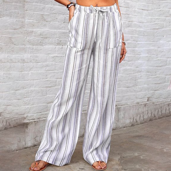 Brondbend Straight Leg Pants for Women Stripe Print High Waisted Drawstring Casual Trousers with Pockets Ladies' Loose Fit Trendy Party Work Lightweight Pants Comfortable，Light Blue