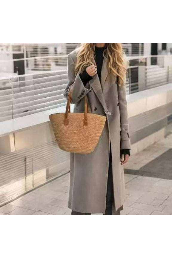 Straw Beach Bag Summer Woven Shoulder Tote Bags Purse for Women Khaki Bag