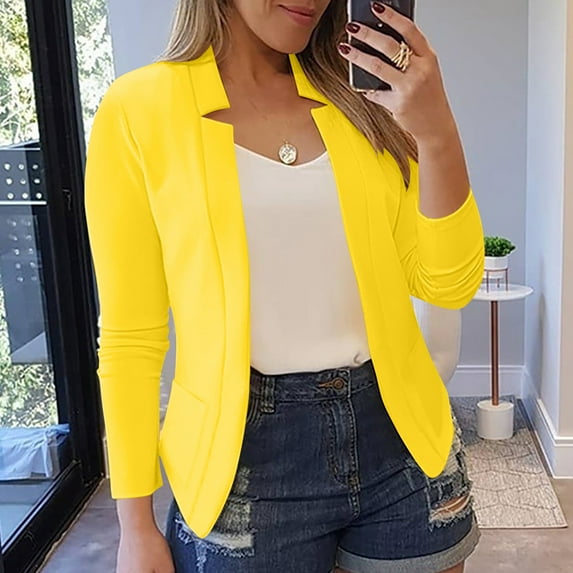Brondbend Suit Jackets for Women Business Cardigans for Women Soild Color Long Sleeve Open Front Formal Outerwear with Pocket Slim Fit Fashion Office Work Lightweight Coat,Yellow