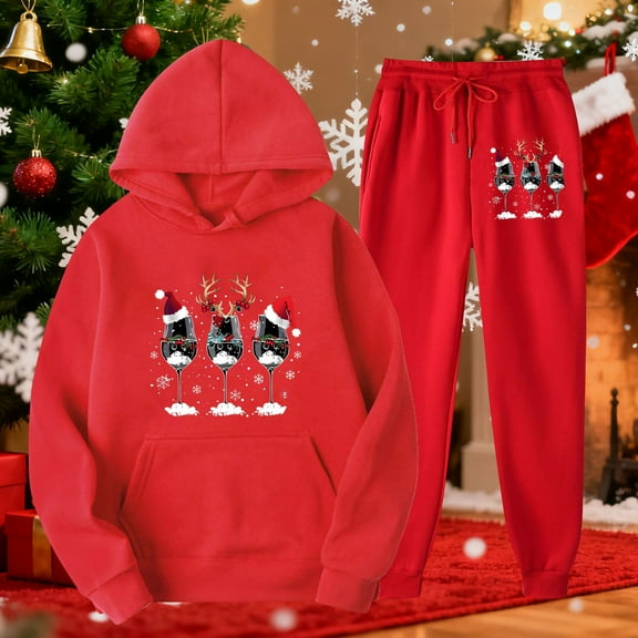 Brondbend Sweat Pants Set Women Hoodies Pullover Long Sleeved Pocket Drawstring Pullover Printed Elastic Waist Jogger Outfits Stylish Loose Tracksuits Athletic Fall Winter Sets Red