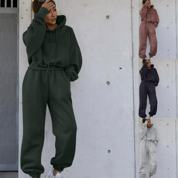 Brondbend Sweat Pants Set for Womens 2 Piece Hoodies for Woman Long Sleeved Pocket Drawstring Pullover Solid High Waist Jogger Outfits Fashion Loose Tracksuits Running Fall Winter Sets Brown