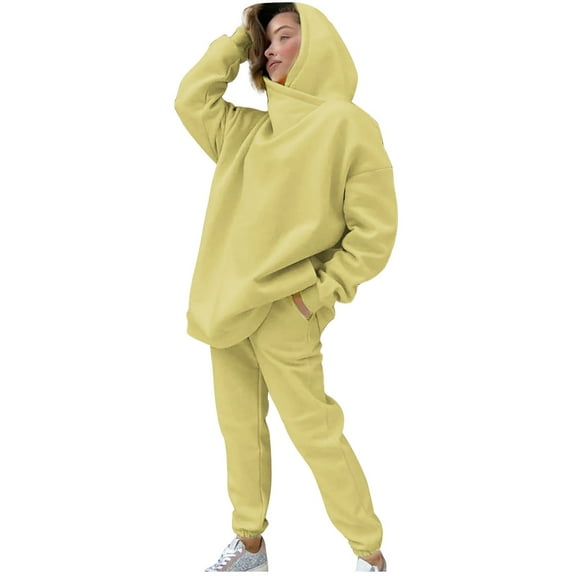 Brondbend Sweat Pants and Sweatshirt Set Women Womens Hoodies Long Sleeved Pullover Solid High Waist Jogger Outfits Fashion Loose Tracksuits Hiking Fall Winter Sets Yellow