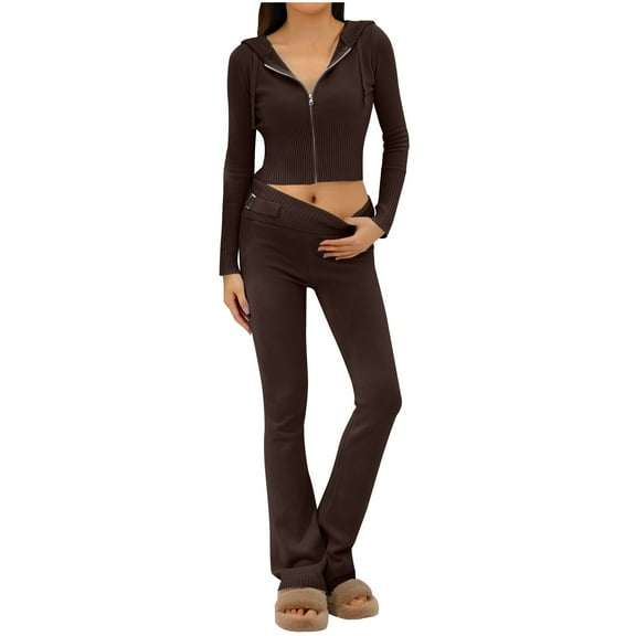 Brondbend Sweat Shirt and Pants Set for Women Hoodies for Women Long Sleeved Full Zipper Drawstring Pullover Solid High Waist Jogger Outfits Fashion Slim Tracksuits Running Fall Winter Sets Brown