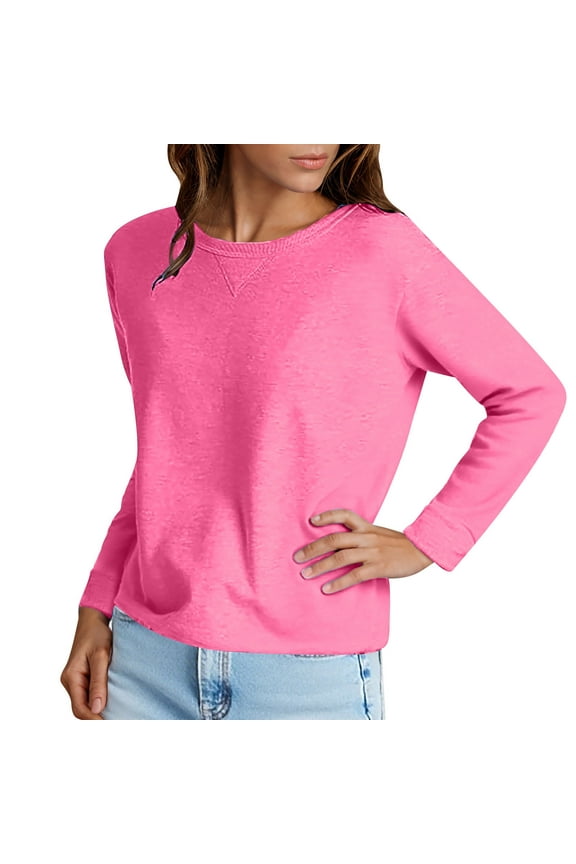 Sweat Shirt Women's Pullover Women Crewneck Long Sleeved Solid Color Casual Cotton Workout Top Regular Fit Fall Winter Outdoor Athletic Comfortable Blouse,Pink
