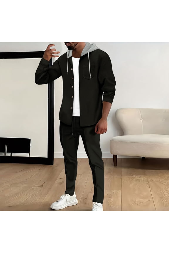 Sweat Suits for Men 2 Piece Hoodie Set for Men Long Sleeved Button Pullover with Pocket Drawstring Sweatshirt Elastic Waist Sweatpants Tracksuits Loose Gym Athletic Suits,Black