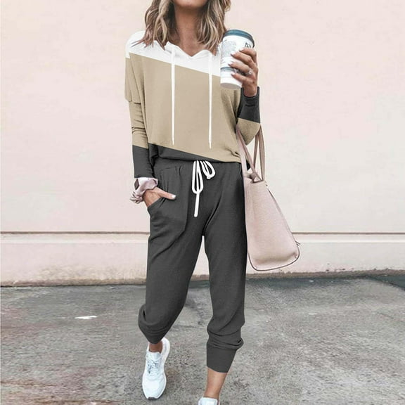Brondbend Sweat Suits for Womens 2 Piece Tracksuit Women Hooded Long Sleeve Multicolor Pullover Elastic Waist Drawstring Pockets Sweatpant Set Loose Fall Athletic Outfits,Khaki