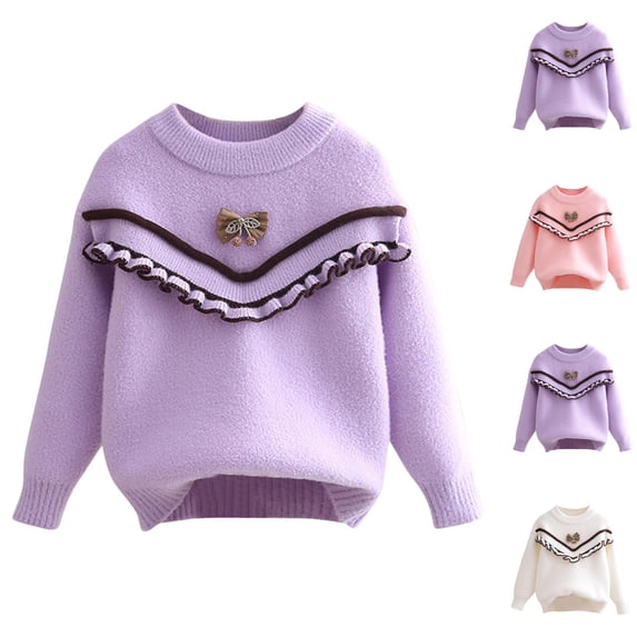 Brondbend Sweater for Girls Fashion Children Pullover Sweater Crewneck Long Sleeve Knitted Thick Top Cute Print Loose Fit Fall Winter Comfortable Party Warm Top,Beige
