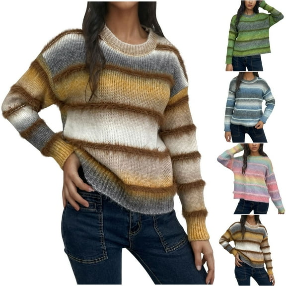 Brondbend Sweater for Women Knit Tops for Women Crewneck Long Sleeved Stripe Print Knitted Sweaters Loose Fit Thick Pullover Winter Comfortable Party Warm Top,Blue
