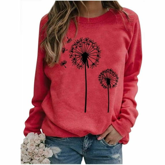 Brondbend Sweatshirt Women Women Pullover Crewneck Long Sleeve Top Printed Casual Loose Fit Tops Lady Hiking Fall Winter Clothes Red