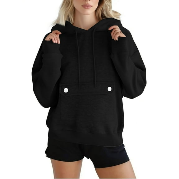 Brondbend Sweatshirt for Women Womens Pullovers Long Sleeves Solid Color Button Down Pocket Casual Hooded with Drawstring Oversized Fall Winter Party Outdoor Workout Versatile Top(Black)