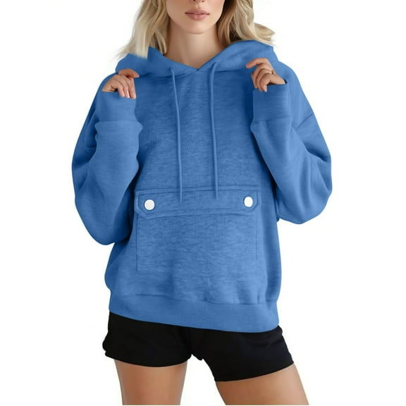 Brondbend Sweatshirt for Women Womens Pullovers Long Sleeves Solid Color Button Down Pocket Casual Hooded with Drawstring Oversized Fall Winter Party Outdoor Workout Versatile Top(Blue)