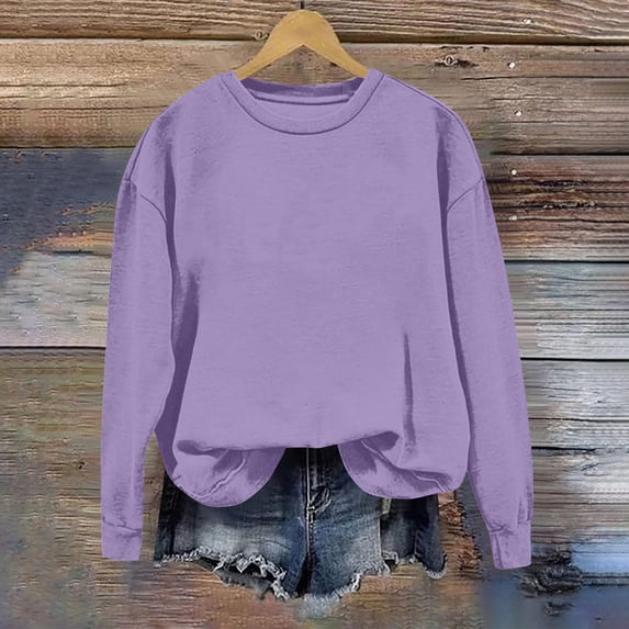 Brondbend Sweatshirts for Woman Women's Pullover Sweatshirt Crewneck Long Sleeved Top Solid Color Comfortable Loose Tops Ladies Anniversary Fall Winter Clothes Purple