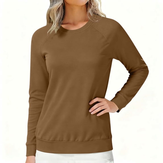 Brondbend Sweatshirts for Woman Womens Pullover Crewneck Long Sleeved Top Solid Color Comfortable Loose Tops Ladies Gym Workout Fall Winter Clothes Coffee
