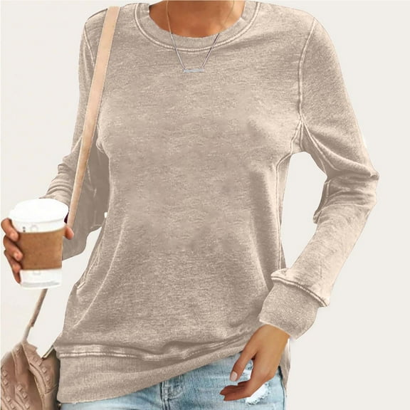 Brondbend Sweatshirts for Women Pullover Womens Crewneck Long Sleeve Solid Color Casual Top Loose Fit Fall Winter Trendy Party or Work Comfortable Blouse,Beige
