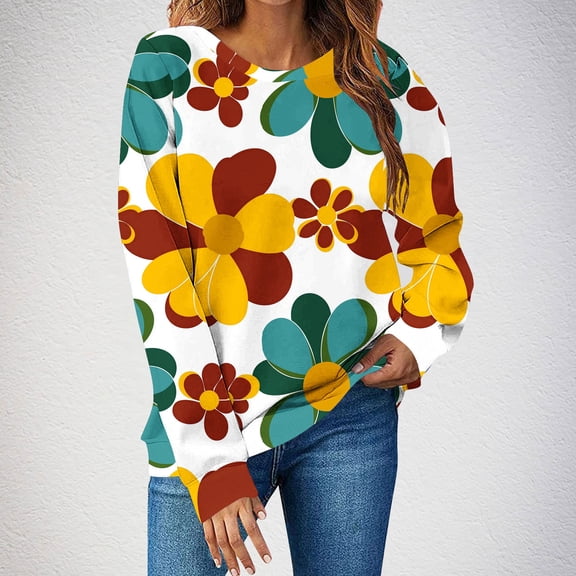 Brondbend Sweatshirts Women Pullover for Women Crew Neck Long Sleeve Top Printed Casual Loose Fit Tops Lady Festival Fall Winter Clothes Multicolor