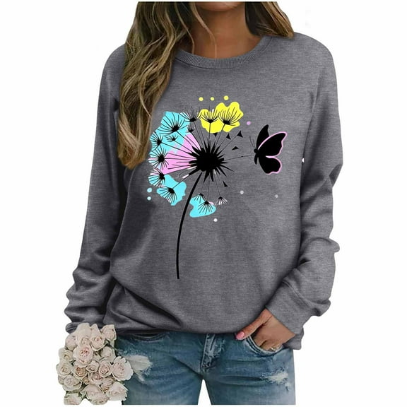Brondbend Sweatshirts Women Women Pullover Sweatshirt Crewneck Long Sleeve Top Printed Casual Loose Fit Tops Lady Party Fall Winter Clothes Gray
