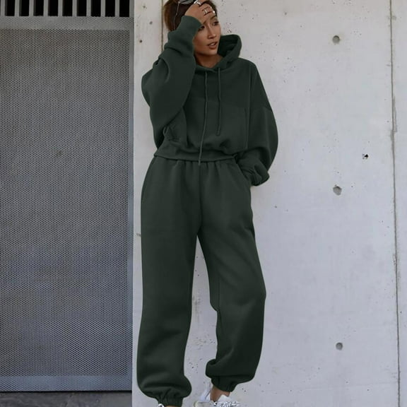 Brondbend Sweatsuit for Women 2 Piece Set Women's Hoodie Long Sleeved Pocket Drawstring Pullover Solid High Waist Jogger Outfits Fashion Loose Tracksuits Holiday Fall Winter Sets Dark Gray