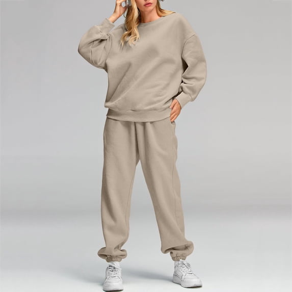 Brondbend Sweatsuits Women 2 Piece Outfit Crewneck Long Sleeve Solid Pullover Sweatshirt Elastic Waist Drawstring Sweatpants Sets with Pockets Regular Fit Fall Winter Workout Tracksuit,Beige