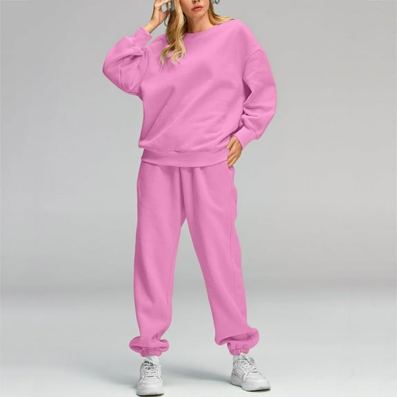 Brondbend Sweatsuits Women 2 Piece Outfit Crewneck Long Sleeve Solid Pullover Sweatshirt Elastic Waist Drawstring Sweatpants Sets with Pockets Regular Fit Fall Winter Workout Tracksuit,Pink