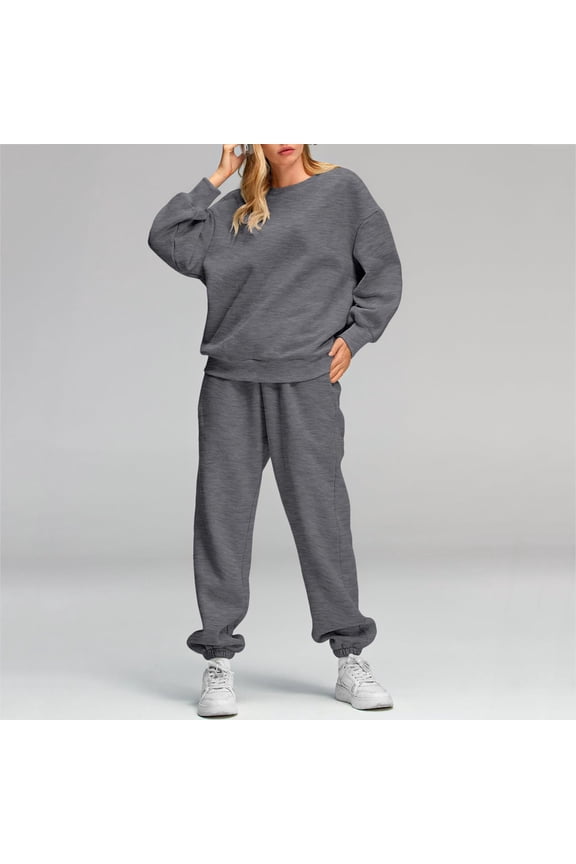 Sweatsuits Women 2 Piece Outfit Crewneck Long Sleeve Solid Pullover Sweatshirt Elastic Waist Drawstring Sweatpants Sets with Pockets Regular Fit Fall Winter Workout Tracksuit,Dark Gray