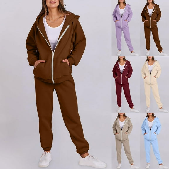 Brondbend Sweatsuits Women 2 Piece Outfit Track Suits for Women Set Long Sleeve Hoodies Solid Color Zipper Pocket Pullover and Sweatpant Outfits Loose Fit Winter Outdoor Athletic Set,Beige