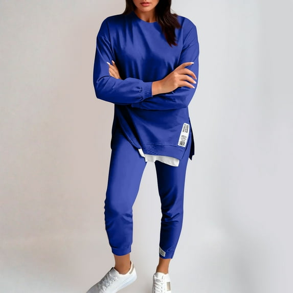 Brondbend Sweatsuits for Women Set 2 Piece Crew Neck Long Sleeve Slit Pullover and Sweatpant Set Jogger Sweatsuits Loose Fit Fall Outdoor Workout Outfits Comfortable,Blue