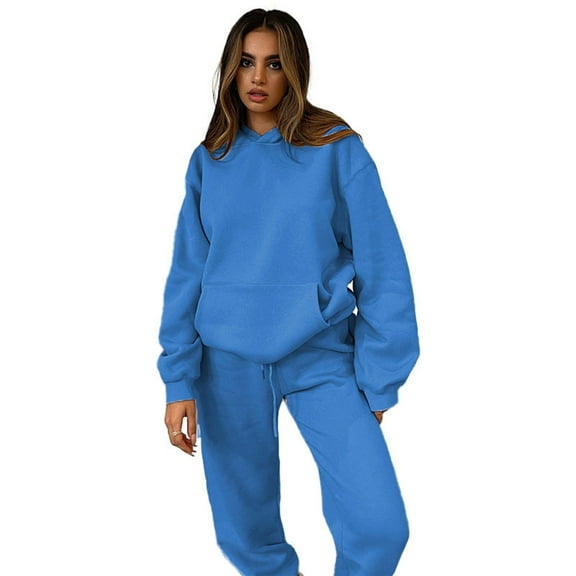 Brondbend Sweatsuits for Women Set 2 Piece Hoodies for Woman Long Sleeved Pocket Pullover Solid High Waist Jogger Outfits Casual Loose Tracksuits Mountaineering Fall Winter Sets Blue