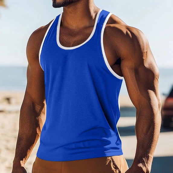 WWV Swim Tank Top Men Sleeveless Crewneck Solid Color Blouse Summer Comfortable Loose Fit Birthday Party Tops Blue XXL