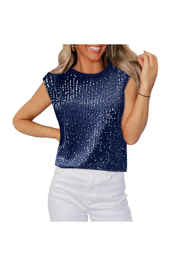 Tee Shirts Womens Casual Tops for Women Crewneck Short Sleeved Sequin Solid Color Blouse Lightweight Loose Fit Ladies Tops Daily Spring Summer Clothes Dark Blue