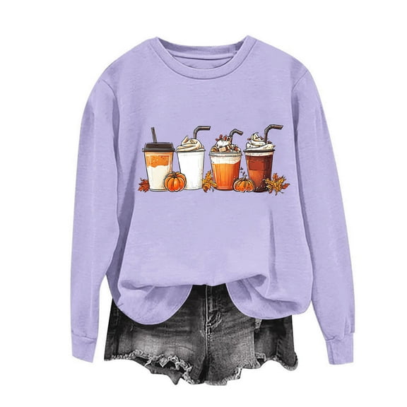 Brondbend Thanksgiving Womens Sweatshirt Pullovers for Women Crew Neck Long Sleeve Top Printed Trendy Loose Fit Tops Lady Outdoor Fall Winter Clothes Purple