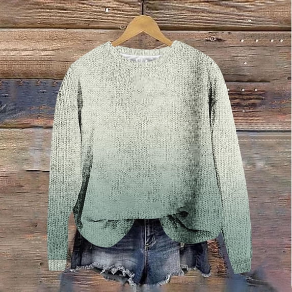 Brondbend Top Sweaters for Women Knitted Sweaters Women Crewneck Long Sleeved Gradient Color Printed Pullover Ladies Loose Hoodless Sweater Blouse Fall Winter Versatile Warm Top,Mint Green