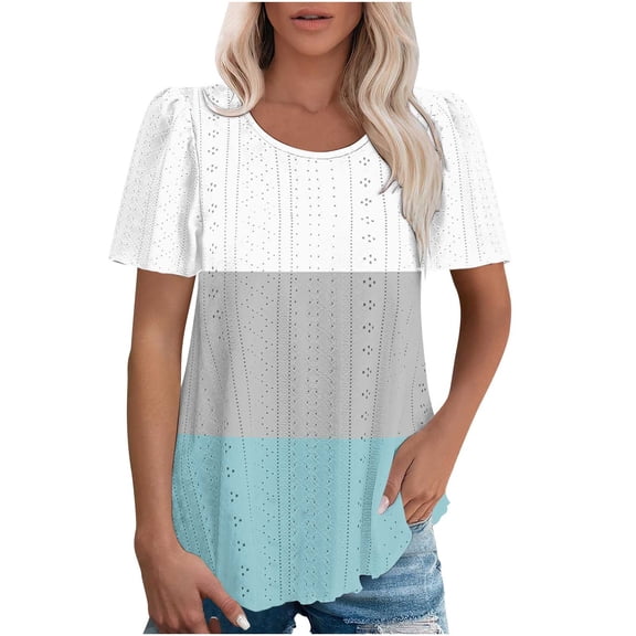 Brondbend Top Women T Shirt for Women Crew Neck Short Sleeved Hollow-out Blouse Multicolour Casual Loose Fit Vacation Tops Summer Fall Wear,Light Blue