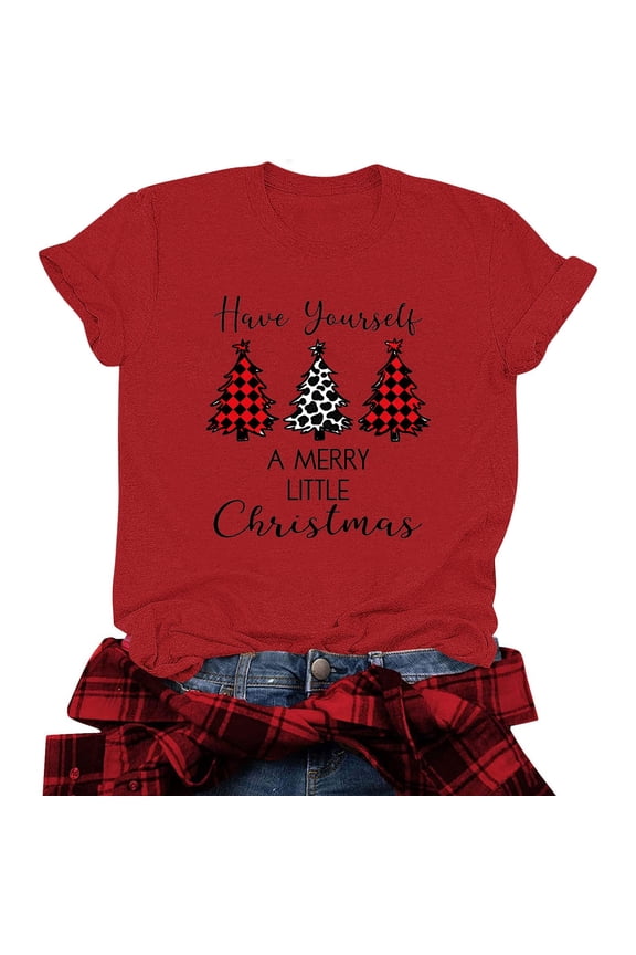 Top for Women Trendy Women Shirts Casual Crew Neck Short Sleeved Blouse Print Comfy Relaxed Loose Fit Weekend Tops Summer Fall Wear,Red