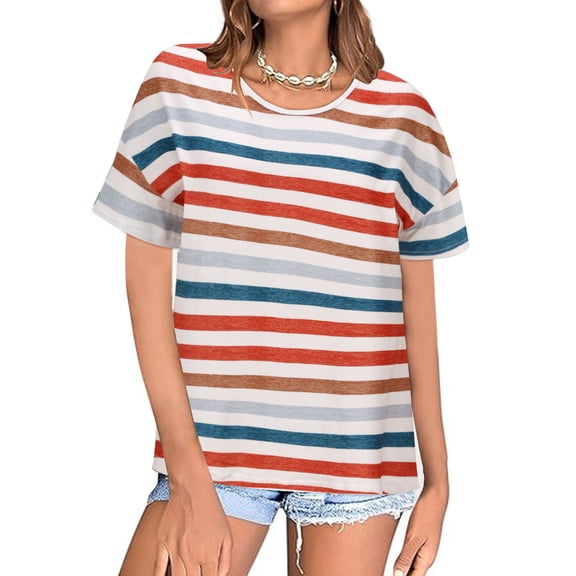 Brondbend Top for Women Woman Tee Shirt Round Neck Short Sleeve Blouse Stripe Comfy Stylish Loose Fit Weekend Tops Summer Fall Wear,Orange
