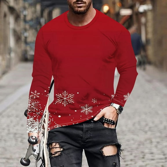 Brondbend Tops for Men Christmas Man Shirt Long Sleeves Crewneck Pullover Print Comfy Stylish Blouse Loose Fit School Clothes Red