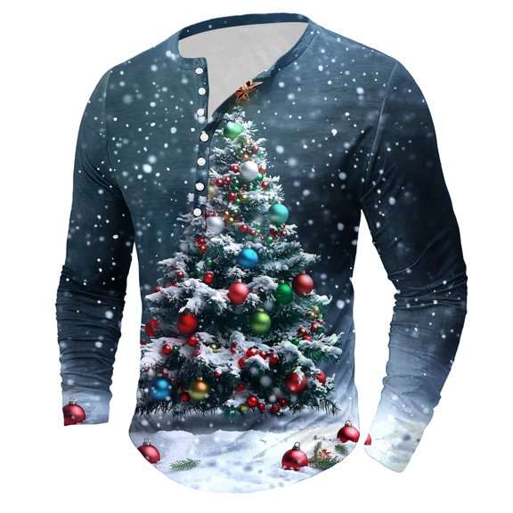 Brondbend Tops for Men Christmas Man Shirts Long Sleeved Crew Neck Button Pullover Print Leisure Blouse Regular Fit Anniversary Clothes Blue