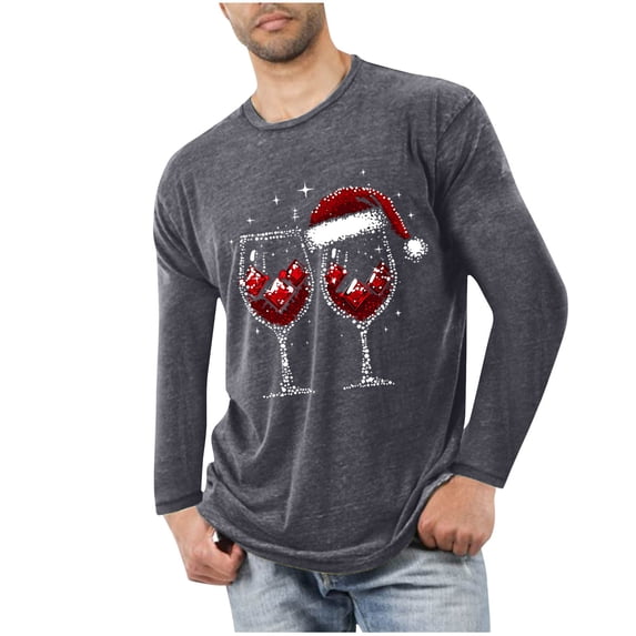 Brondbend Tops for Men Christmas Men Shirt Long Sleeved Crew Neck Fitness Homewear Print Casual Blouse Regular Fit Holiday Clothes Gray