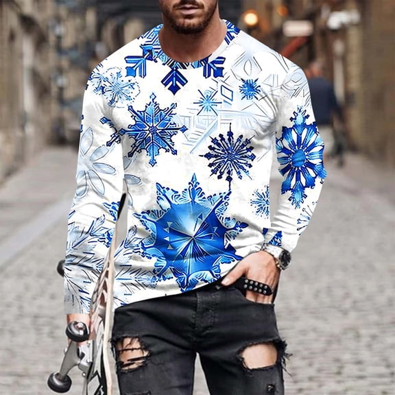 Brondbend Tops for Men Christmas Men’s Shirt Long Sleeve Crewneck Pullover Printed Fashion Blouse Loose School Clothes White