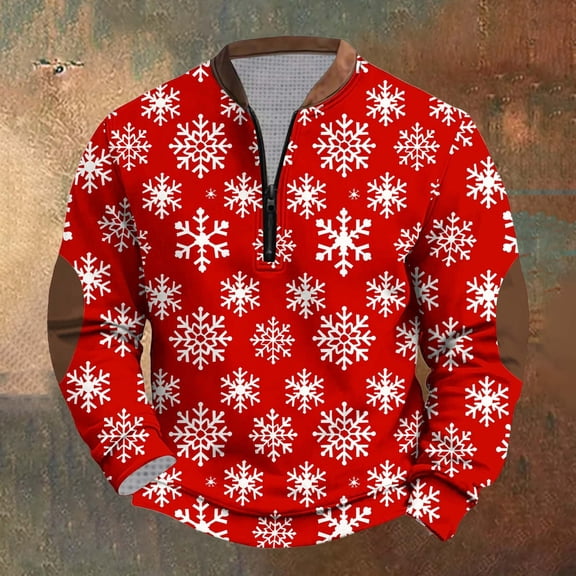 Brondbend Tops for Men Christmas Men’s Shirts Long Sleeves Crewneck Quarter Zip Pullover Print Casual Blouse Loose Fit Going out Clothes Multicolor